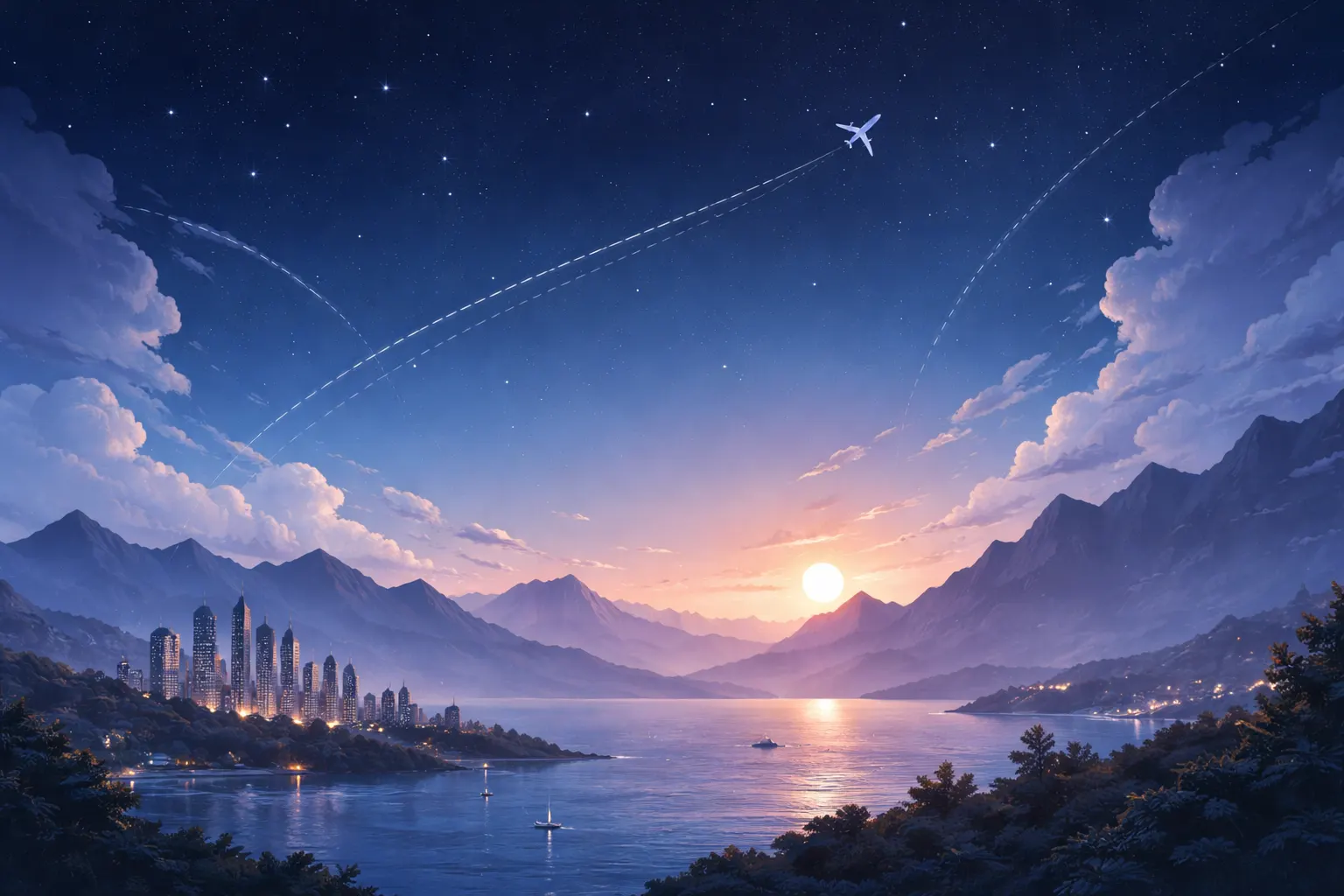 Atardecer sobre la costa con un avión cruzando el cielo estrellado